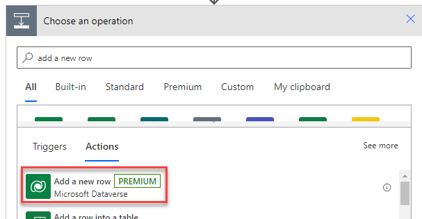 search for and select Add a new row
action