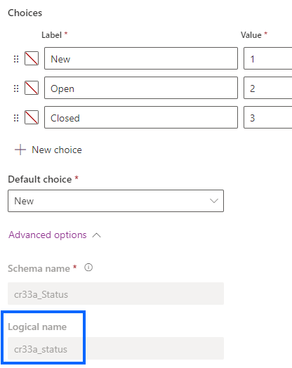 Screenshot of column schema name.