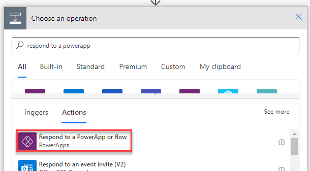 search for and select the Respond to a PowerApp or flow
action