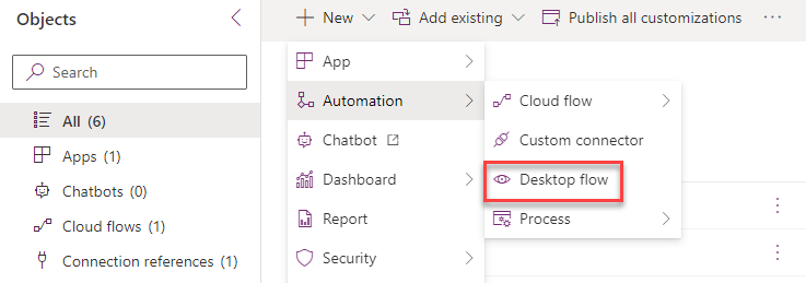 Select +New, Automation - Desktop
flow