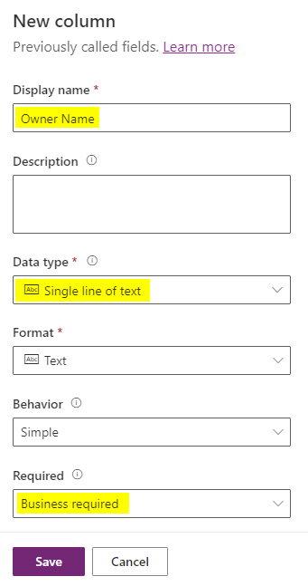 Screenshot of new column pane.