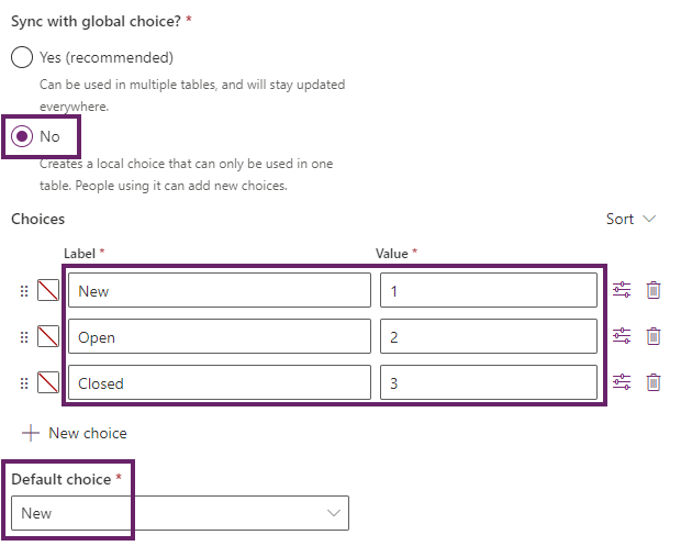 Screenshot of new choice column pane.