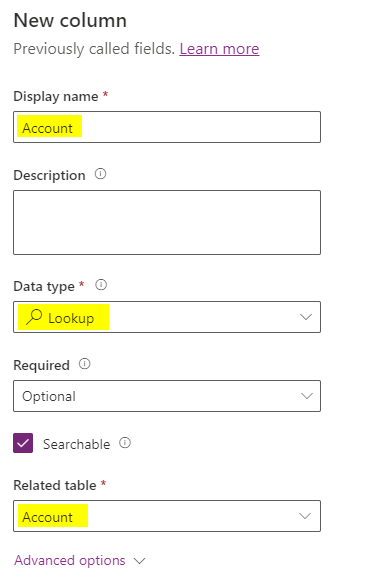 Screenshot of new lookup column pane.