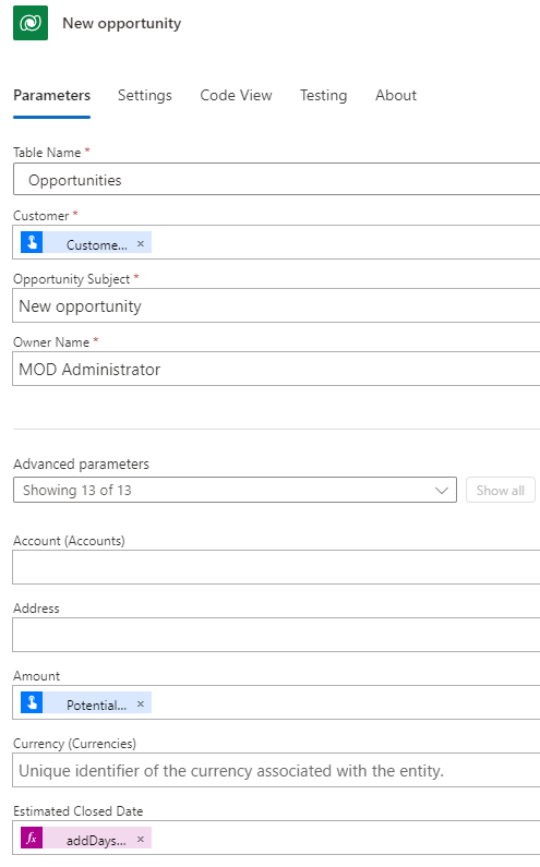 Screenshot of new opportunity action.