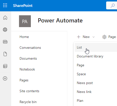 Screenshot of new SharePoint list.