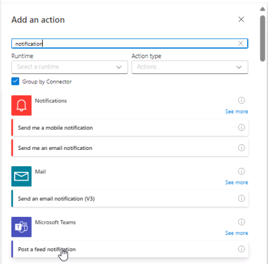 Screenshot of action search.