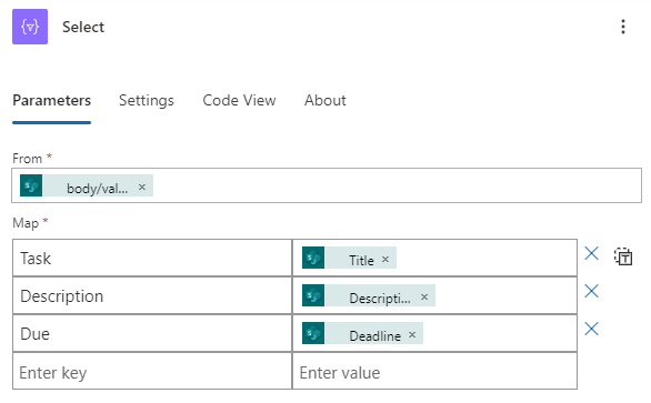 Screenshot of Select action.